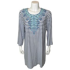 Talbots Cabana Life Swim CoverUp Dress XL Embroidered Striped UPF 50 Blue White